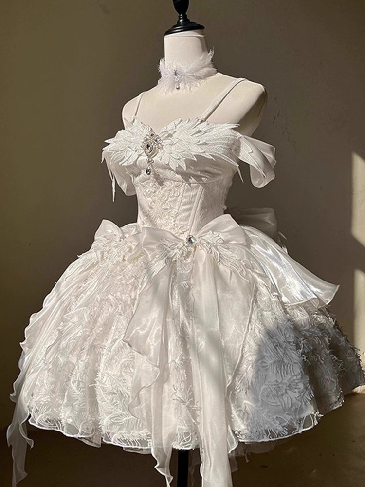 Inspired by the duality of modern femininity, this dress merges classic Lolita elegance with contemporary sophistication. The structured sweetheart bodice and voluminous skirt create a timeless silhouette, while the off-shoulder neckline adds a touch of delicate allure. Crafted in luxurious ivory with intricate lace detailing, it embodies both innocence and refinement. Ideal for moments where fantasy meets reality—perfect for the dreamer who commands grace with quiet confidence.