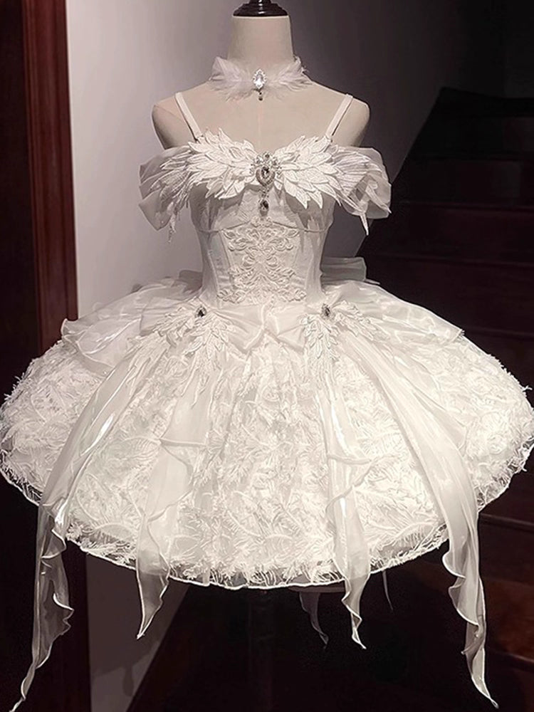 Inspired by the duality of modern femininity, this dress merges classic Lolita elegance with contemporary sophistication. The structured sweetheart bodice and voluminous skirt create a timeless silhouette, while the off-shoulder neckline adds a touch of delicate allure. Crafted in luxurious ivory with intricate lace detailing, it embodies both innocence and refinement. Ideal for moments where fantasy meets reality—perfect for the dreamer who commands grace with quiet confidence.