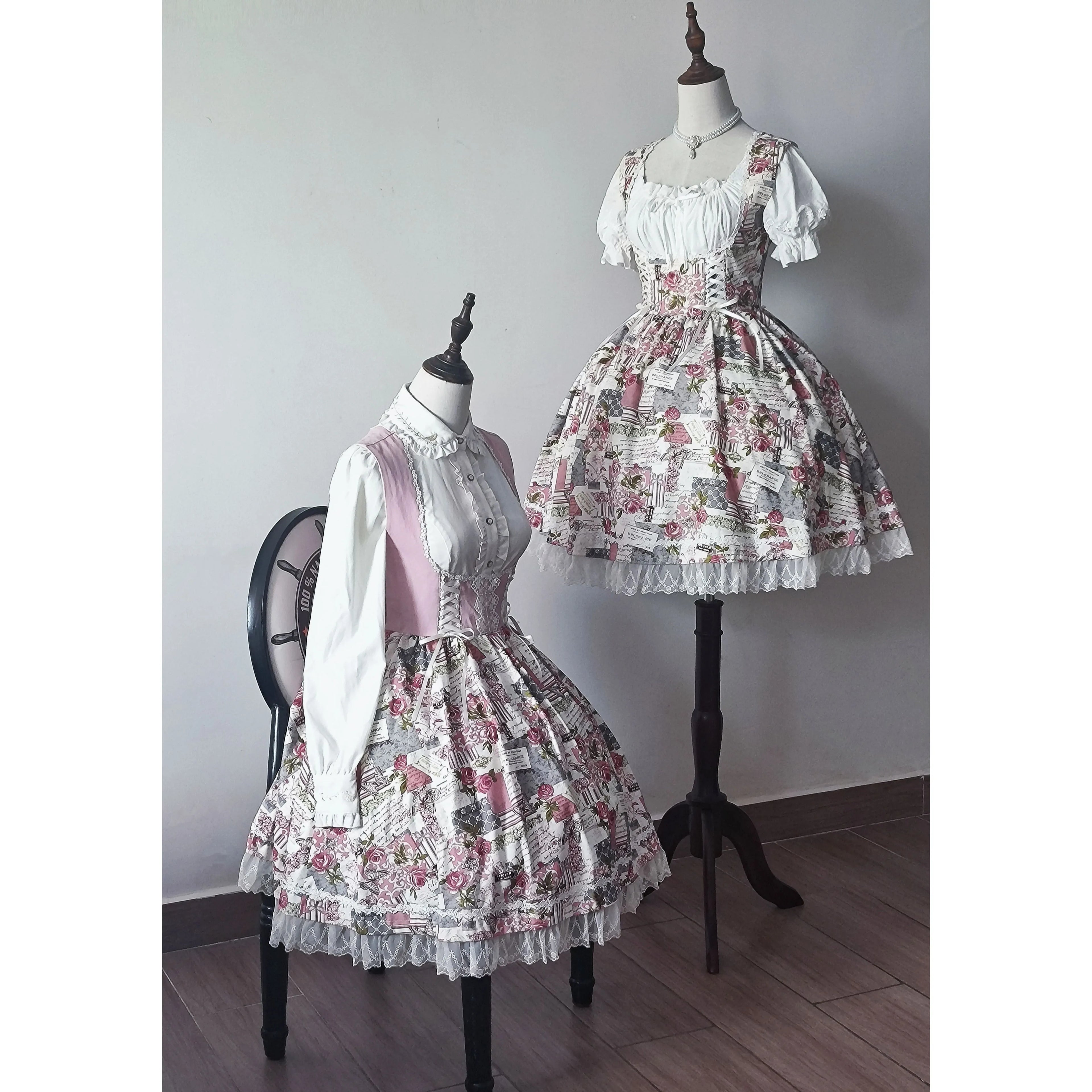 Design Concept:
This Sweet Lolita JSK dress features a delicate floral print with lace-trimmed hems and a vintage bustier-style bodice, combining playful charm with refined elegance. The A-line silhouette and soft, breathable fabric create a graceful, comfortable fit, perfect for daily wear, tea parties, or casual Lolita gatherings. Its timeless floral pattern and lace detailing add a sweet, feminine touch to any Lolita ensemble.