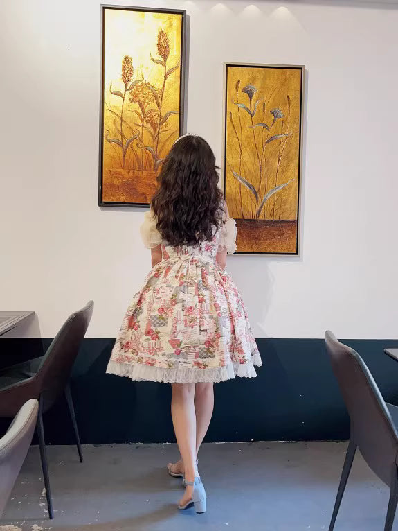 Design Concept:
This Sweet Lolita JSK dress features a delicate floral print with lace-trimmed hems and a vintage bustier-style bodice, combining playful charm with refined elegance. The A-line silhouette and soft, breathable fabric create a graceful, comfortable fit, perfect for daily wear, tea parties, or casual Lolita gatherings. Its timeless floral pattern and lace detailing add a sweet, feminine touch to any Lolita ensemble.