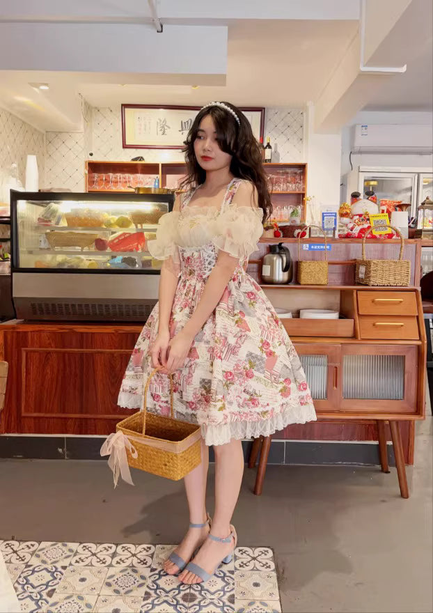 Design Concept:
This Sweet Lolita JSK dress features a delicate floral print with lace-trimmed hems and a vintage bustier-style bodice, combining playful charm with refined elegance. The A-line silhouette and soft, breathable fabric create a graceful, comfortable fit, perfect for daily wear, tea parties, or casual Lolita gatherings. Its timeless floral pattern and lace detailing add a sweet, feminine touch to any Lolita ensemble.