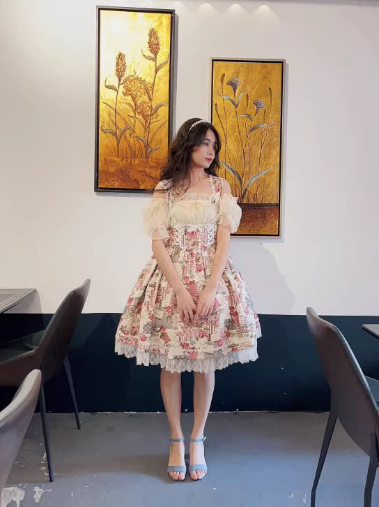 Design Concept:
This Sweet Lolita JSK dress features a delicate floral print with lace-trimmed hems and a vintage bustier-style bodice, combining playful charm with refined elegance. The A-line silhouette and soft, breathable fabric create a graceful, comfortable fit, perfect for daily wear, tea parties, or casual Lolita gatherings. Its timeless floral pattern and lace detailing add a sweet, feminine touch to any Lolita ensemble.