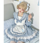 Sweet Lolita Navy Pink Japanese Cute Sailor Suit Apron Suit Collar Long-sleeved Dress