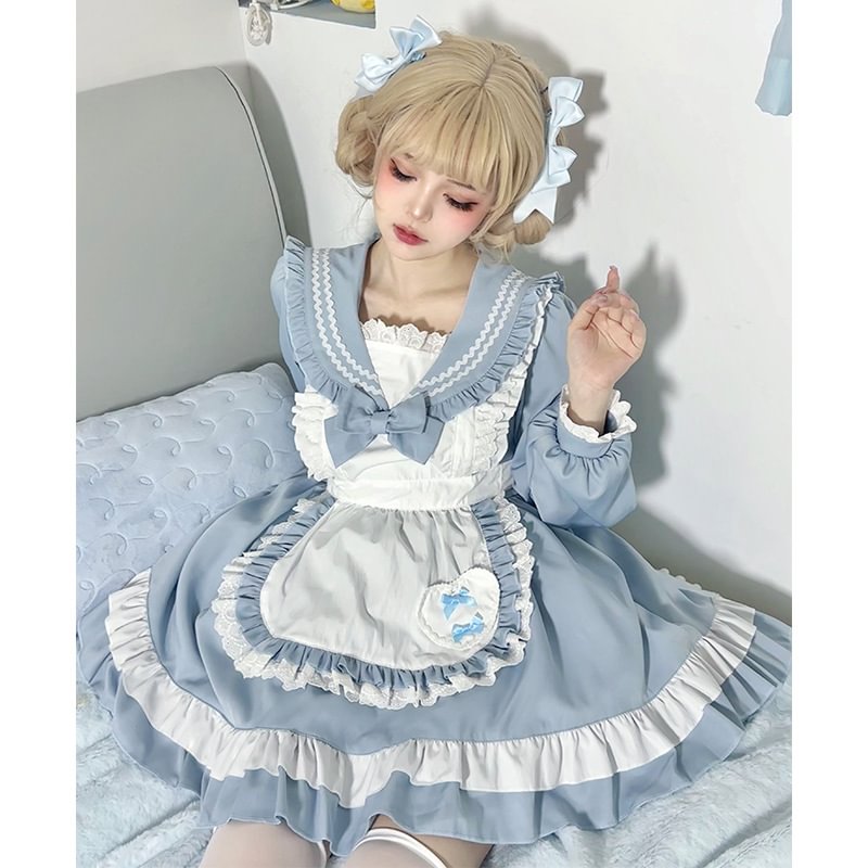 Sweet Lolita Navy Pink Japanese Cute Sailor Suit Apron Suit Collar Long-sleeved Dress