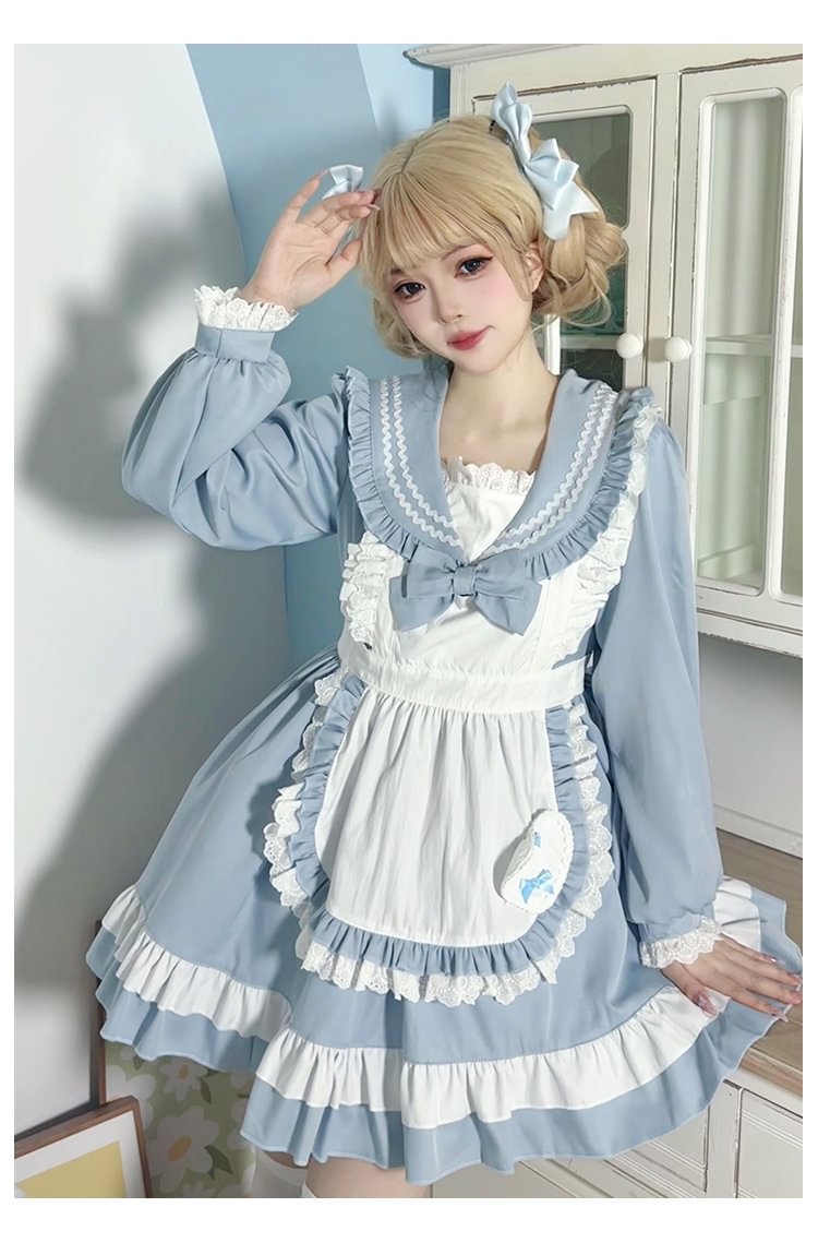 Sweet Lolita Navy Pink Japanese Cute Sailor Suit Apron Suit Collar Long-sleeved Dress