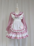 Sweet Lolita Navy Pink Japanese Cute Sailor Suit Apron Suit Collar Long-sleeved Dress