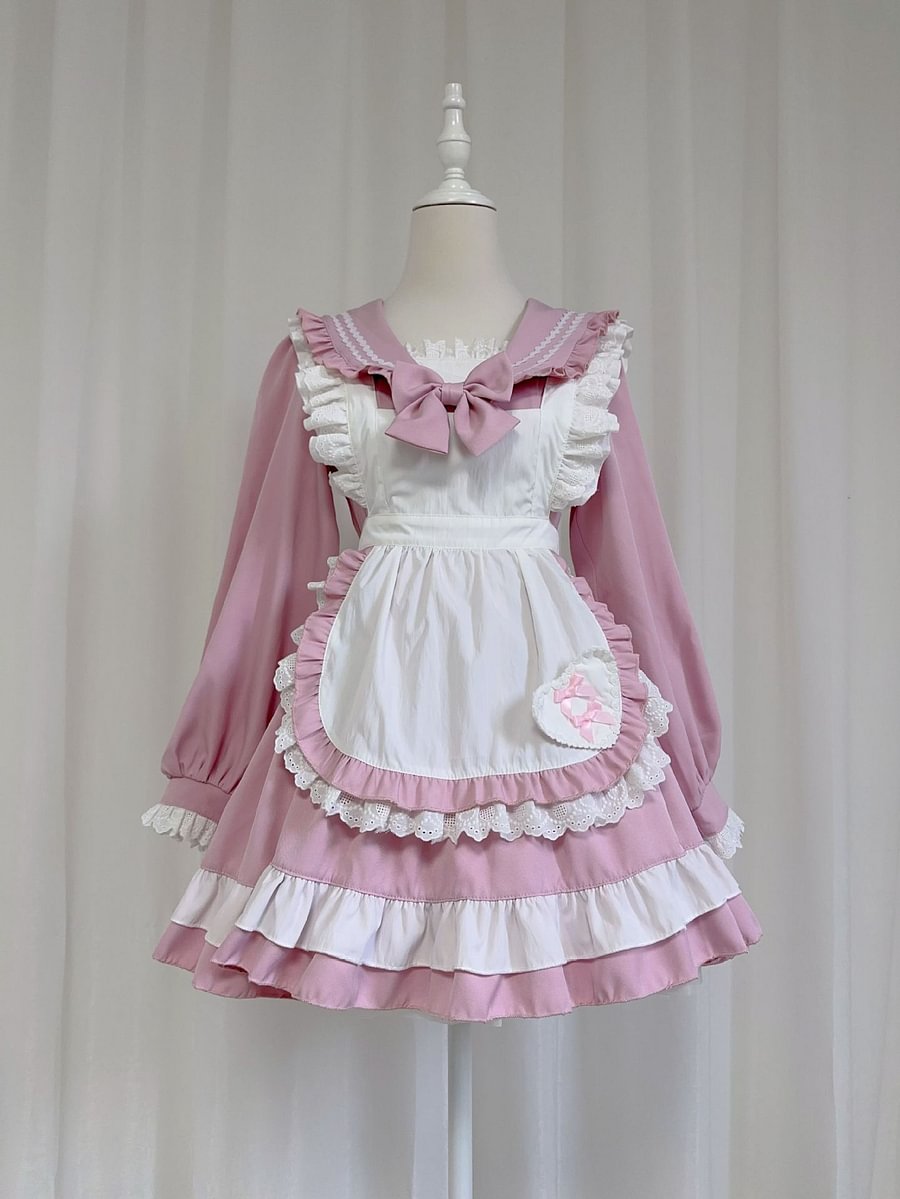 Sweet Lolita Navy Pink Japanese Cute Sailor Suit Apron Suit Collar Long-sleeved Dress