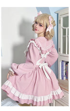 Sweet Lolita Navy Pink Japanese Cute Sailor Suit Apron Suit Collar Long-sleeved Dress