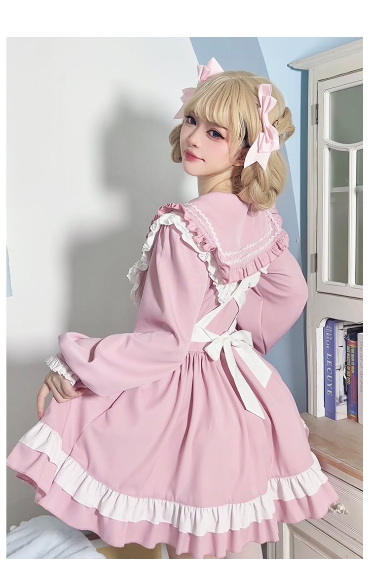 Sweet Lolita Navy Pink Japanese Cute Sailor Suit Apron Suit Collar Long-sleeved Dress