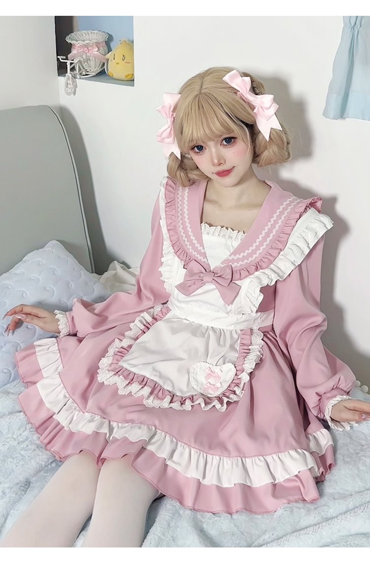 Sweet Lolita Navy Pink Japanese Cute Sailor Suit Apron Suit Collar Long-sleeved Dress