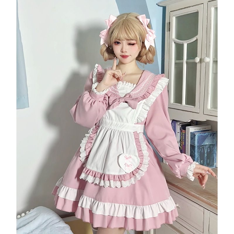 Sweet Lolita Navy Pink Japanese Cute Sailor Suit Apron Suit Collar Long-sleeved Dress