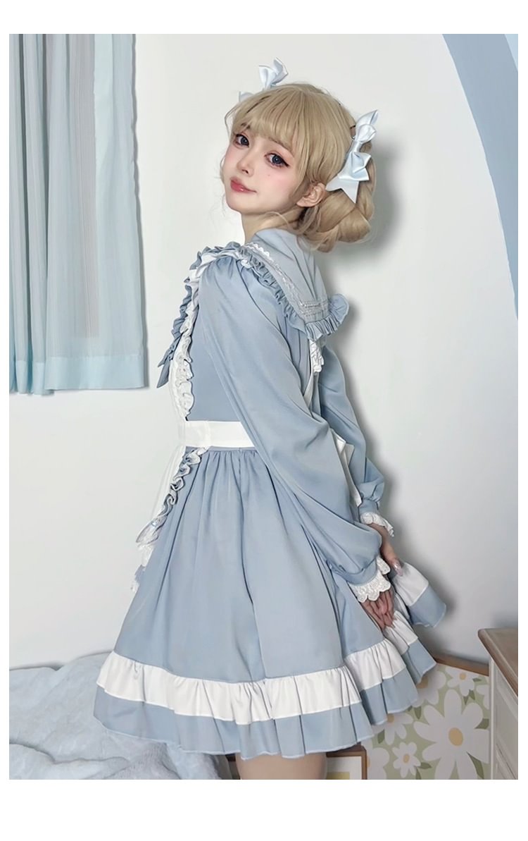 Sweet Lolita Navy Pink Japanese Cute Sailor Suit Apron Suit Collar Long-sleeved Dress