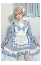 Sweet Lolita Navy Pink Japanese Cute Sailor Suit Apron Suit Collar Long-sleeved Dress