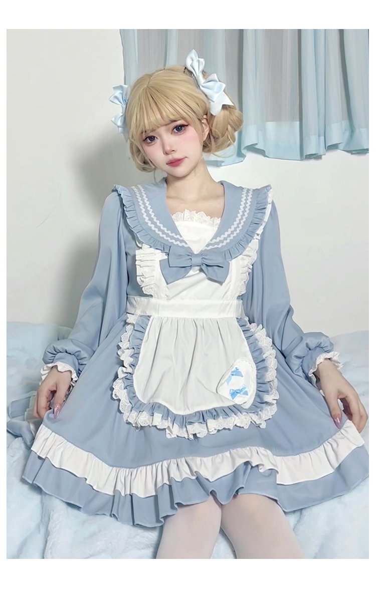 Sweet Lolita Navy Pink Japanese Cute Sailor Suit Apron Suit Collar Long-sleeved Dress