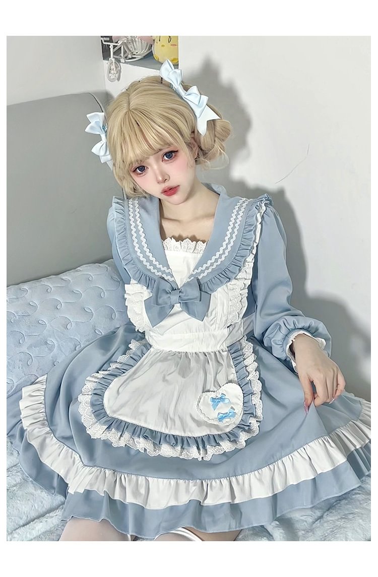 Sweet Lolita Navy Pink Japanese Cute Sailor Suit Apron Suit Collar Long-sleeved Dress