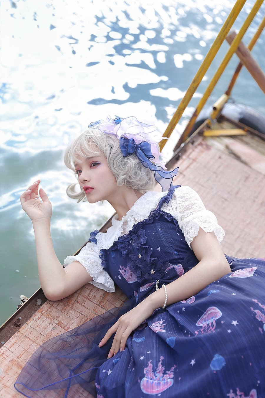 Sweet Lolita Jellyfish Meteor Blue Chiffon Fairy Jellyfish Printed Lolita JSK Cute Dress