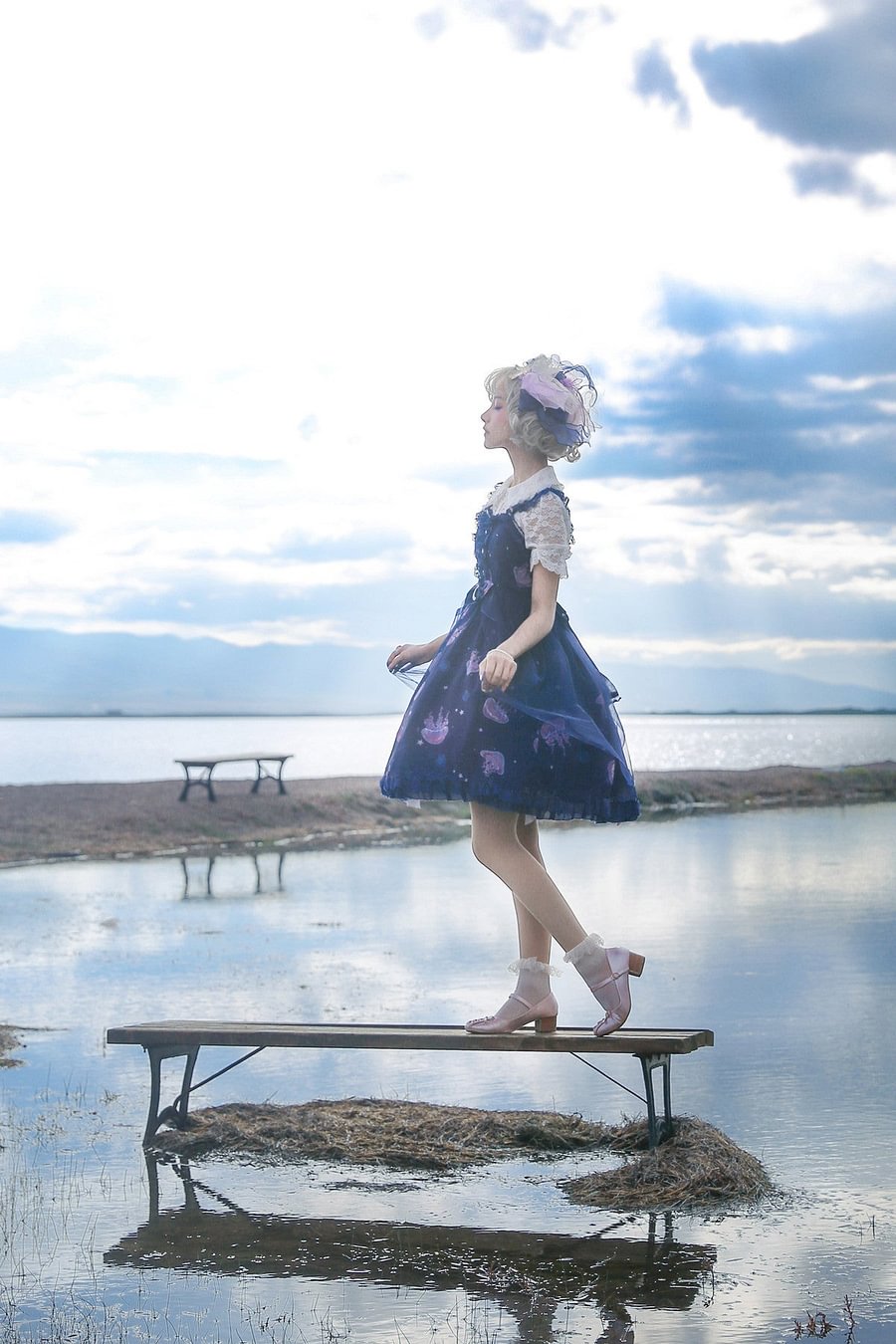 Sweet Lolita Jellyfish Meteor Blue Chiffon Fairy Jellyfish Printed Lolita JSK Cute Dress