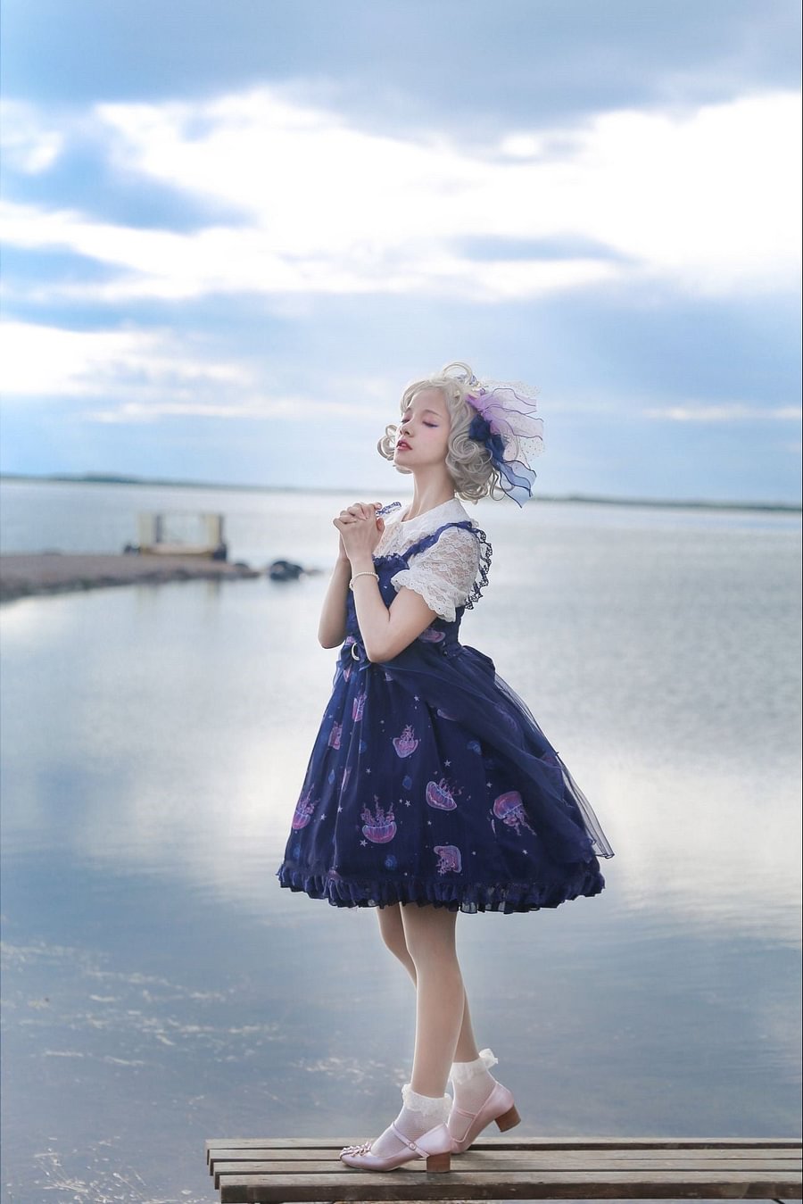 Sweet Lolita Jellyfish Meteor Blue Chiffon Fairy Jellyfish Printed Lolita JSK Cute Dress