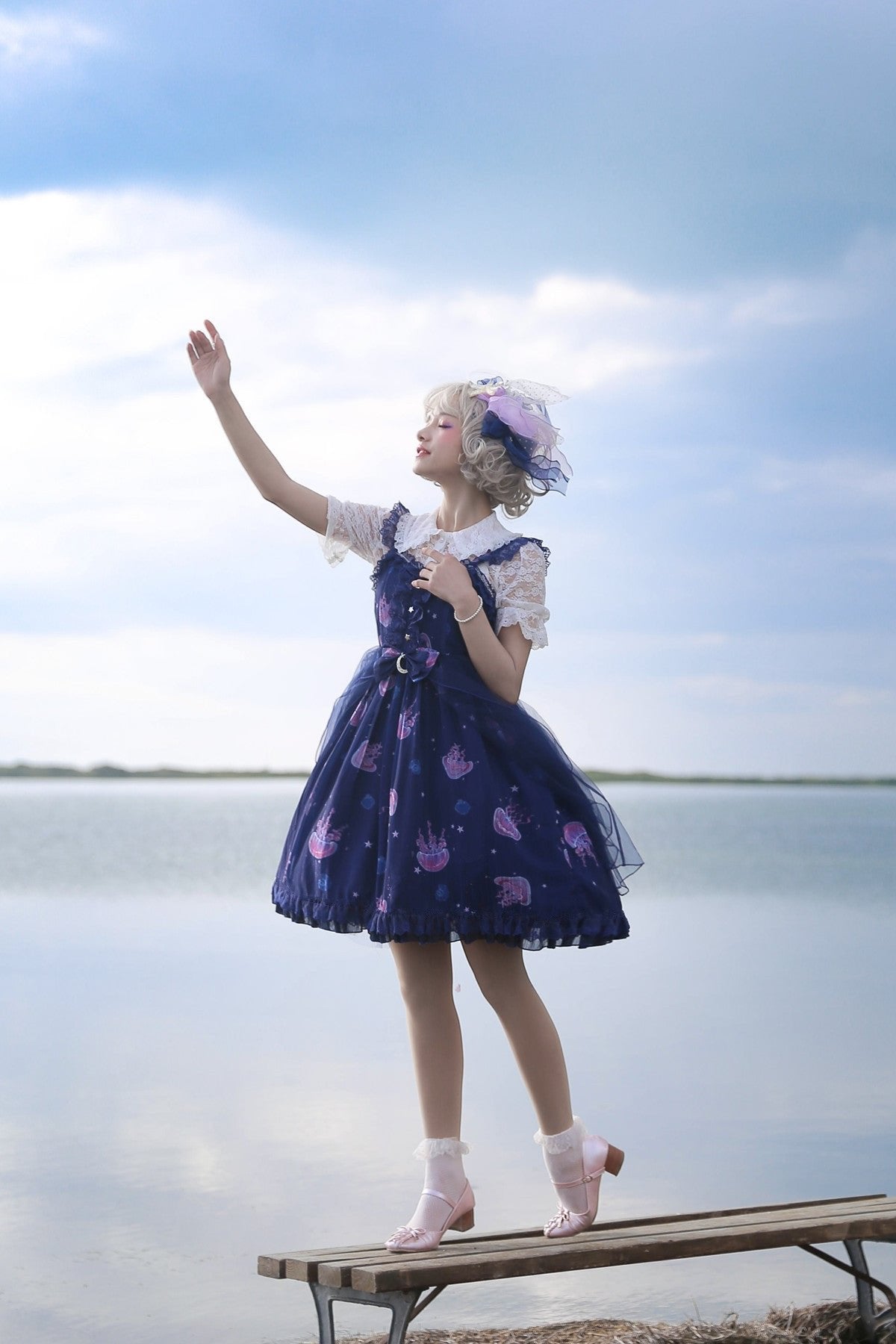 Sweet Lolita Jellyfish Meteor Blue Chiffon Fairy Jellyfish Printed Lolita JSK Cute Dress