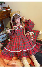 Inspired by festive nostalgia and childhood charm, this dress blends classic Christmas colors with a playful doll collar and soft plaid fabric. The A-line silhouette and delicate details evoke a storybook sweetness, while the cozy construction ensures comfort for holiday gatherings. A delightful piece that captures the magic of the season with timeless innocence and warmth.