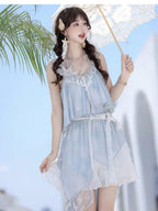 Sweet Lolita Light Blue Seashell Sundress with Lace Ruffle Summer Sea