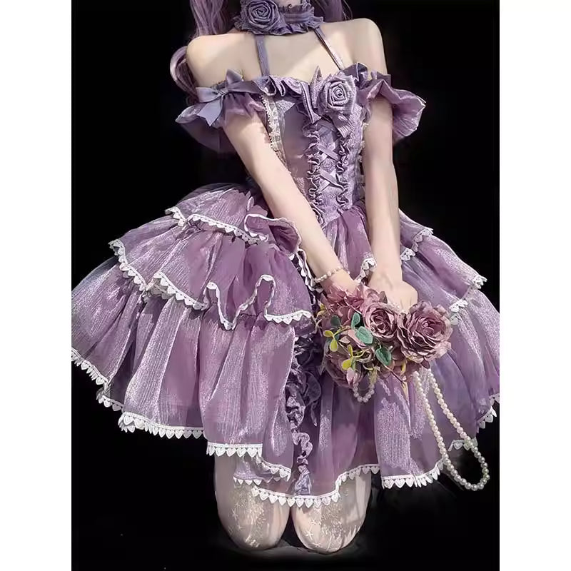 Blending fantasy and sophistication, this mini dress features a flattering off-shoulder neckline, delicate ribbon accents, and a softly tailored silhouette. The dreamy lavender and ivory palette evokes ethereal grace, while the lightweight fabric ensures comfort and movement. Designed for modern Lolita enthusiasts seeking timeless elegance with a touch of whimsical charm—perfect for enchanting moments and unforgettable celebrations.
