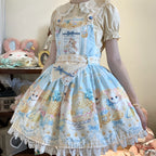 Sweet Lolita Pastel Blue Hued Idyllic Bunny Print Dress Cake Dress Jumper Skirt