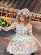 Sweet Lolita Pastel Green Hued Idyllic Bunny Print Dress Cake Dress Jumper Skirt