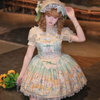 Sweet Lolita Pastel Green Hued Idyllic Bunny Print Dress Cake Dress Jumper Skirt