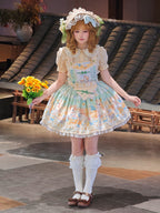 Sweet Lolita Pastel Green Hued Idyllic Bunny Print Dress Cake Dress Jumper Skirt