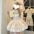 Sweet Lolita Pastel Yellow Hued Idyllic Bunny Print Dress Cake Dress Jumper Skirt
