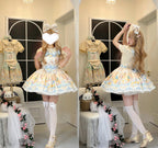 Sweet Lolita Pastel Yellow Hued Idyllic Bunny Print Dress Cake Dress Jumper Skirt