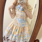 Sweet Lolita Pastel Yellow Hued Idyllic Bunny Print Dress Cake Dress Jumper Skirt