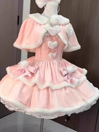 Sweet Lolita Pink Christmas Dress JK Plush Cape with Puffy Susender Skirt Winter Two Piece Set