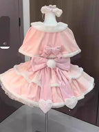 Sweet Lolita Pink Christmas Dress JK Plush Cape with Puffy Susender Skirt Winter Two Piece Set