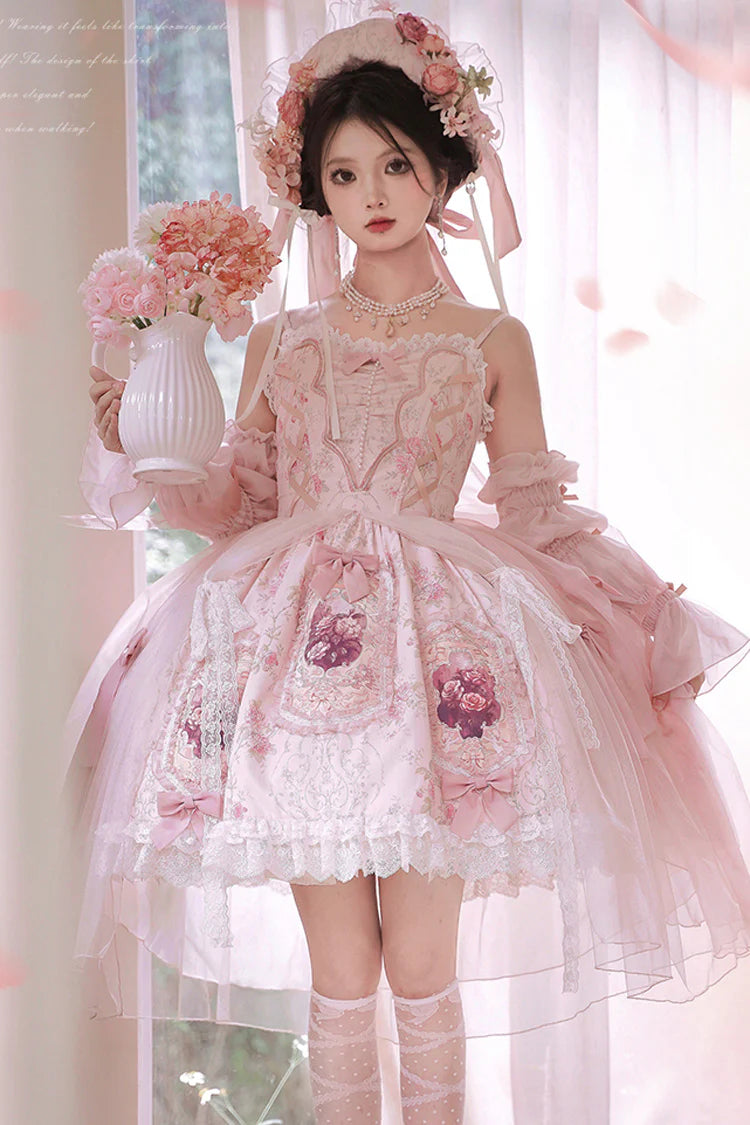 Inspired by a blooming garden at dawn, this JSK captures the delicate balance between youthful sweetness and refined grace. Soft floral prints dance across layers of lace and ruffles, while satin bows and intricate embroidery add a touch of royal fantasy. Designed to evoke the romance of a fairy tale, it invites the wearer to embrace both playful charm and timeless elegance—where every detail whispers a story of beauty and dreams.