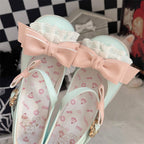 Sweet Lolita Pink Green Bow Accented Sweet Lolita Mary Janes Medium Heel Big Head Doll Round Head 5cm