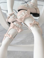 Sweet Lolita Pink Green Bow Accented Sweet Lolita Mary Janes Medium Heel Big Head Doll Round Head 5cm