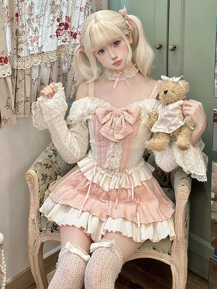 Sweet Lolita Pink JSK Light Lolita Sweet Cake Lace Skirt Lolita Dresses