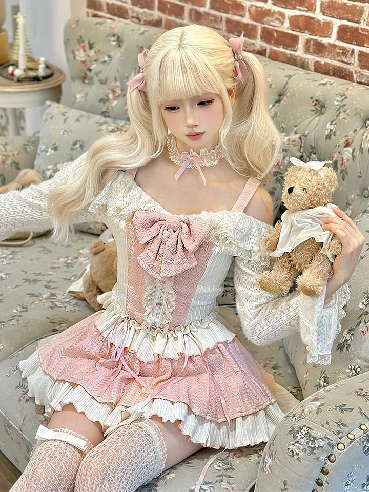 Sweet Lolita Pink JSK Light Lolita Sweet Cake Lace Skirt Lolita Dresses