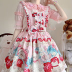 Sweet Lolita Pink Red Printed Strawberry Bear Dress Jumper Skirt