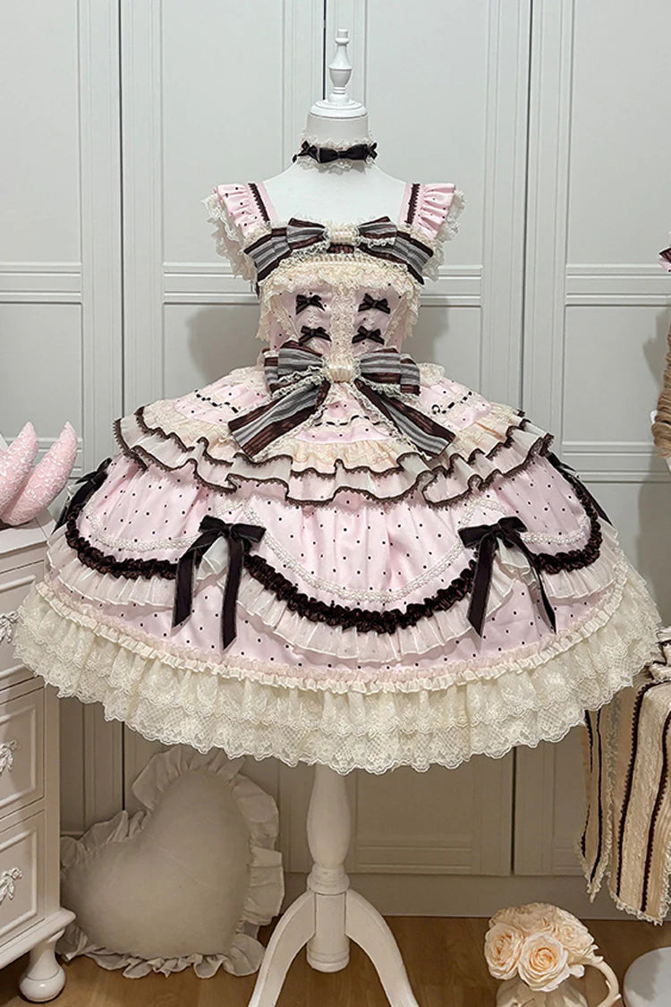 This Pink Sleeveless Sweet Lolita JSK Dress blends youthful sweetness with graceful elegance. Adorned with delicate prints, layered ruffles, and charming bowknot accents, it creates a soft and romantic aesthetic. The lace-up design ensures a flattering fit while enhancing the princess-like silhouette. Crafted in a dreamy pink tone, this dress is perfect for tea parties, gatherings, or photoshoots, offering a timeless Lolita charm that balances playful cuteness with refined sophistication.