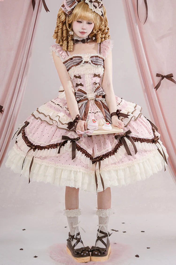 This Pink Sleeveless Sweet Lolita JSK Dress blends youthful sweetness with graceful elegance. Adorned with delicate prints, layered ruffles, and charming bowknot accents, it creates a soft and romantic aesthetic. The lace-up design ensures a flattering fit while enhancing the princess-like silhouette. Crafted in a dreamy pink tone, this dress is perfect for tea parties, gatherings, or photoshoots, offering a timeless Lolita charm that balances playful cuteness with refined sophistication.
