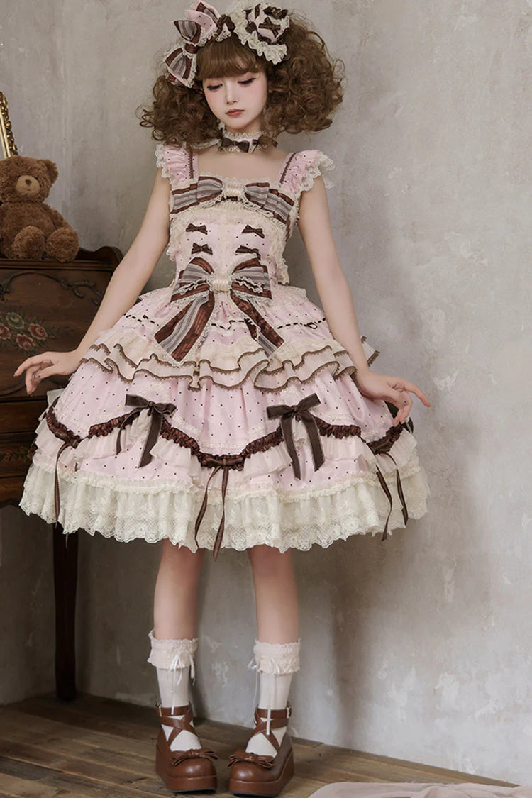 This Pink Sleeveless Sweet Lolita JSK Dress blends youthful sweetness with graceful elegance. Adorned with delicate prints, layered ruffles, and charming bowknot accents, it creates a soft and romantic aesthetic. The lace-up design ensures a flattering fit while enhancing the princess-like silhouette. Crafted in a dreamy pink tone, this dress is perfect for tea parties, gatherings, or photoshoots, offering a timeless Lolita charm that balances playful cuteness with refined sophistication.
