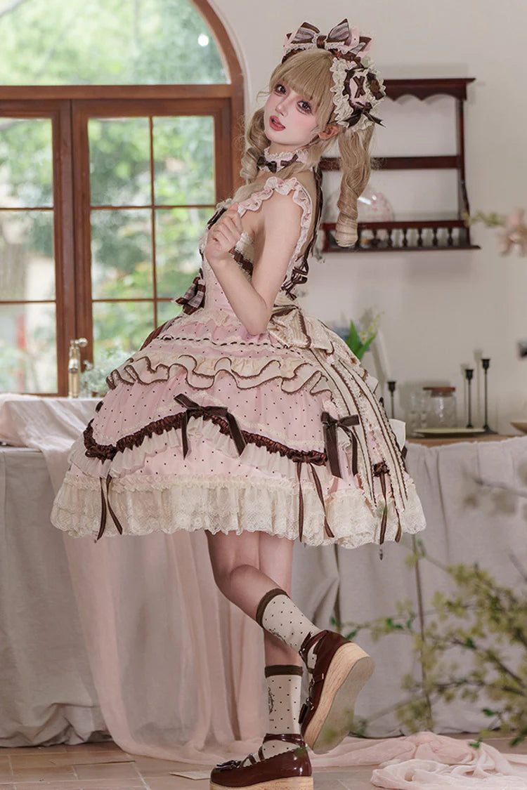 This Pink Sleeveless Sweet Lolita JSK Dress blends youthful sweetness with graceful elegance. Adorned with delicate prints, layered ruffles, and charming bowknot accents, it creates a soft and romantic aesthetic. The lace-up design ensures a flattering fit while enhancing the princess-like silhouette. Crafted in a dreamy pink tone, this dress is perfect for tea parties, gatherings, or photoshoots, offering a timeless Lolita charm that balances playful cuteness with refined sophistication.