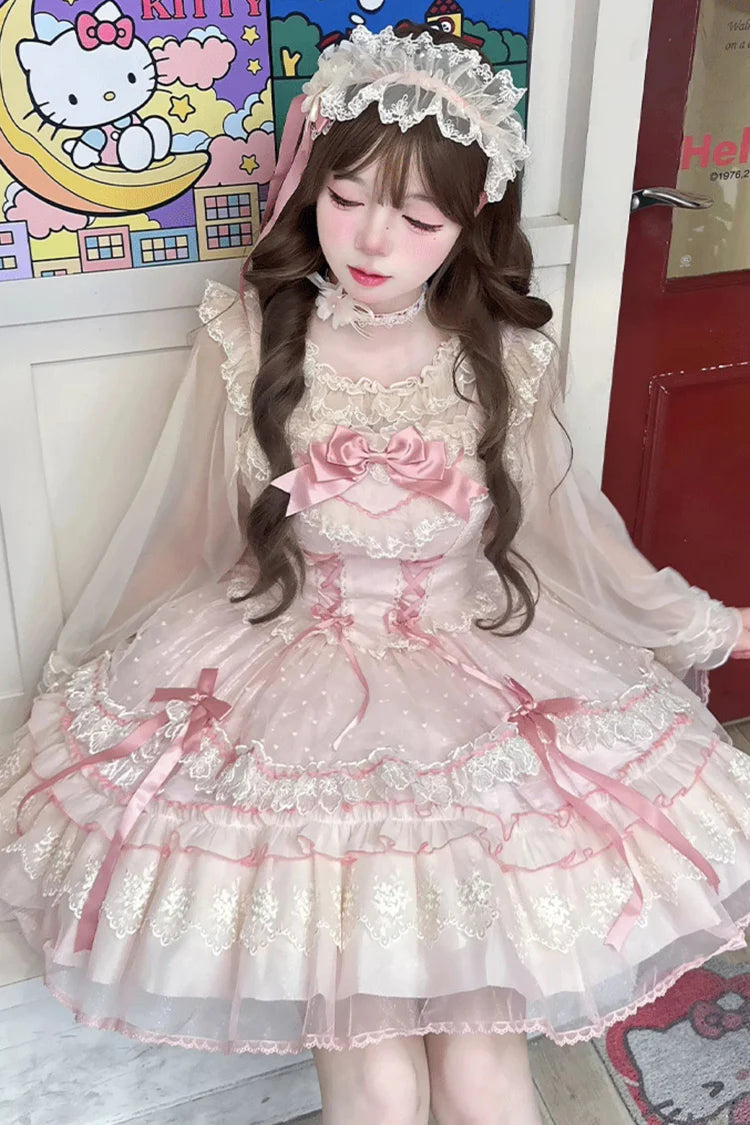 The Pink Sleeveless JSK Dress is designed to embody the dreamy charm of Sweet Lolita fashion. Featuring layered ruffles, delicate lace trim, and graceful bow accents, it creates a romantic and youthful silhouette. The lace-up detail adds both adjustability and elegance, ensuring a flattering fit. In a soft pink hue, this dress radiates sweetness and femininity, making it perfect for tea parties, gatherings, or special occasions where timeless Lolita beauty shines.