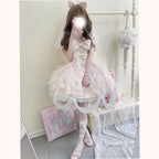 Sweet Lolita Pink Small Flower Wedding Dress Sweetheart Short Sleeve OP