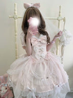Sweet Lolita Pink Small Flower Wedding Dress Sweetheart Short Sleeve OP