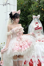Indulge in sweet charm with this adorable lolita dress set! The off-shoulder neckline and sleeveless design showcase delicate lace and ruffled details, while a playful strawberry print adds a delightful touch. A elegant bowknot accents the bust, enhancing the princess-style silhouette. Perfect for tea parties, cosplay events, or creating a dreamy daily look, this set brings a whimsical and romantic vibe to your wardrobe.