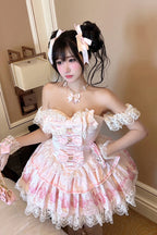 Indulge in sweet charm with this adorable lolita dress set! The off-shoulder neckline and sleeveless design showcase delicate lace and ruffled details, while a playful strawberry print adds a delightful touch. A elegant bowknot accents the bust, enhancing the princess-style silhouette. Perfect for tea parties, cosplay events, or creating a dreamy daily look, this set brings a whimsical and romantic vibe to your wardrobe.